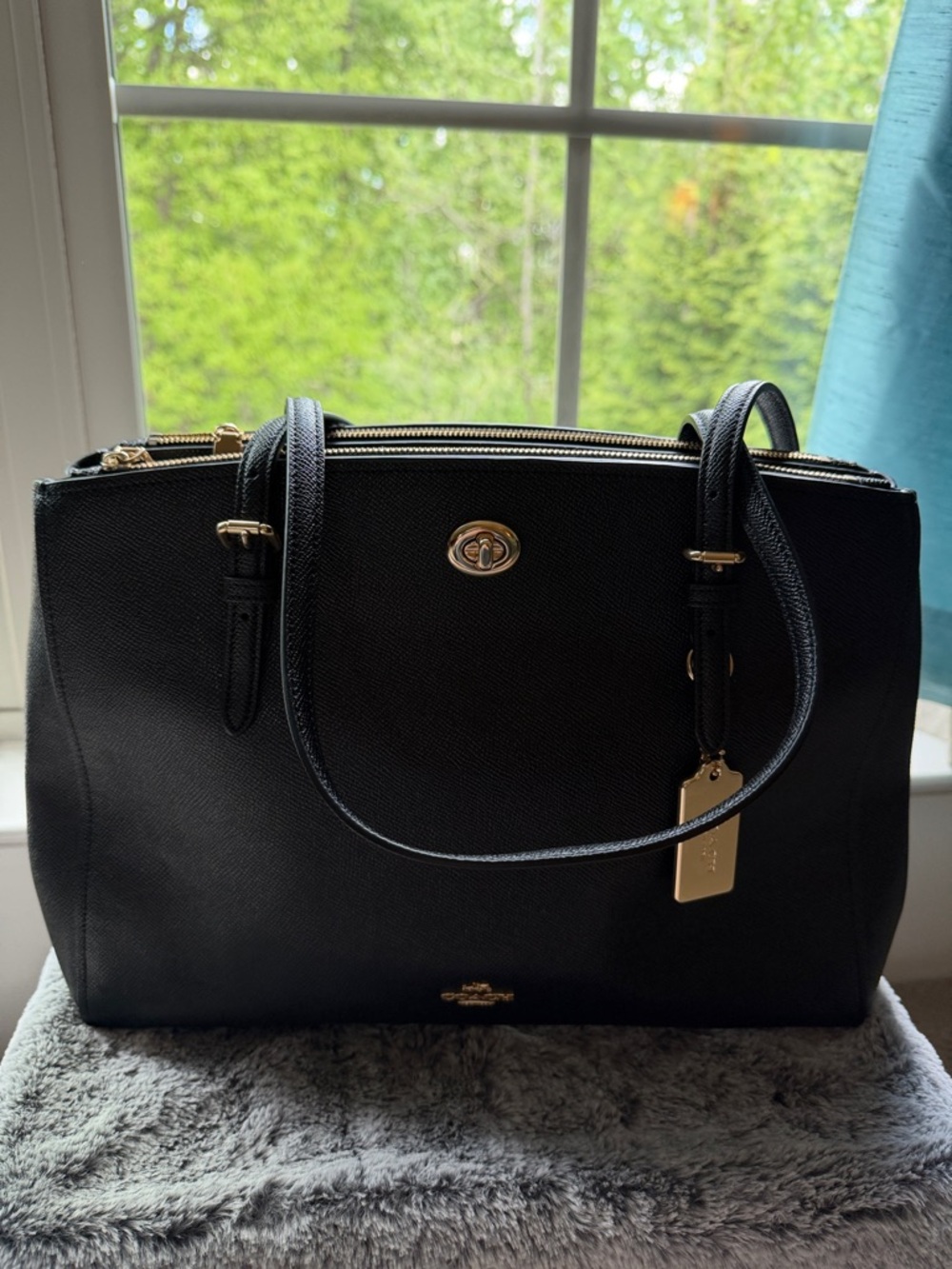Coach Black Leather Double-Compartment Tote with Gold Accents